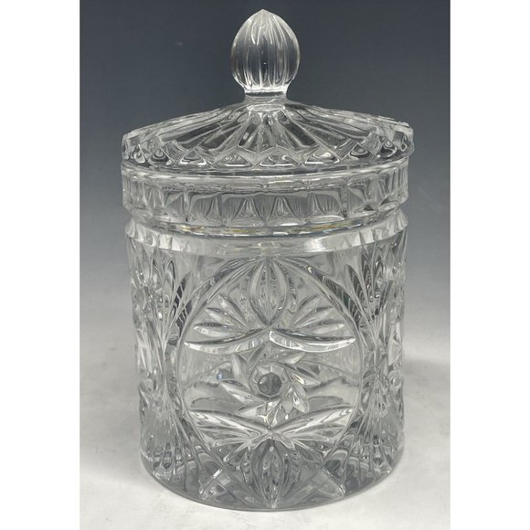 5 5/8" Vintage 20th C. Crystal Lidded Cylindrical Vanity Jar Container Decor - Picture 9 of 11